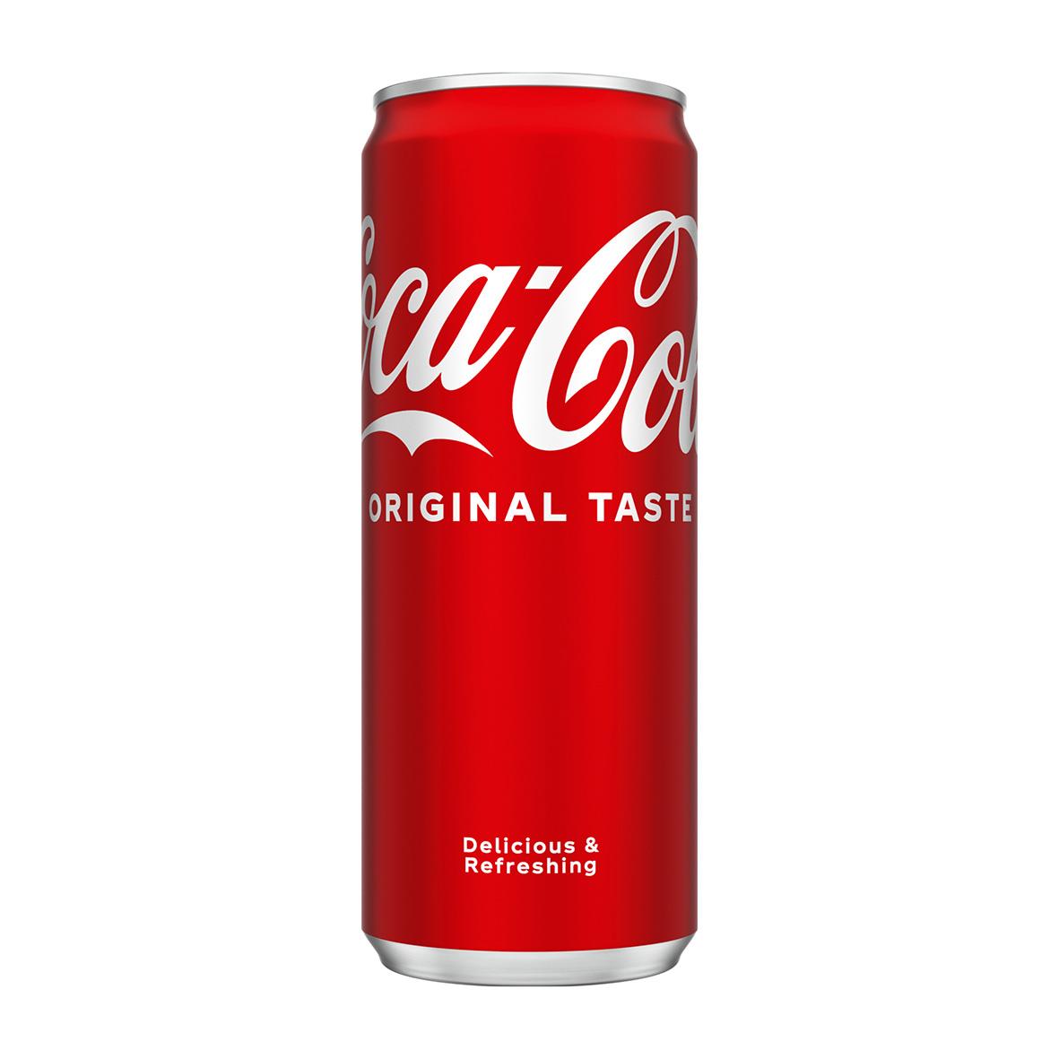 Ljus röd Coca-Cola burk på 33cl utan pant med texten Original Taste och Delicious & Refreshing