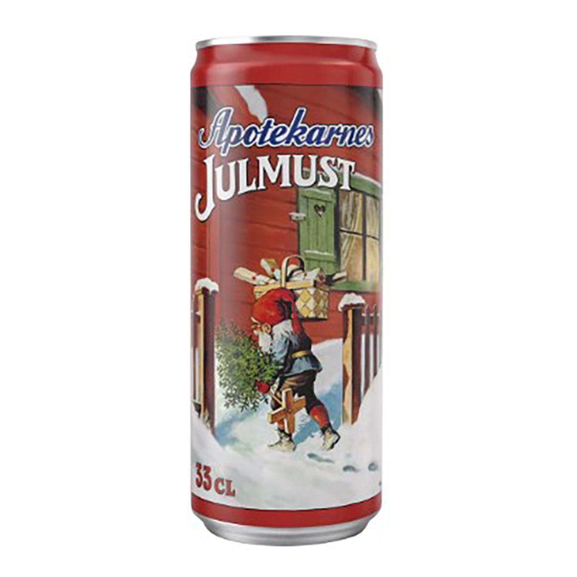 Apotekarnes Julmust 33cl i burk med julmotiv och snölandskap