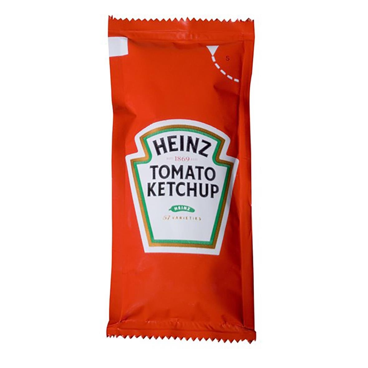 En liten påse Heinz tomatketchup på 10g i rött förpackningsdesign