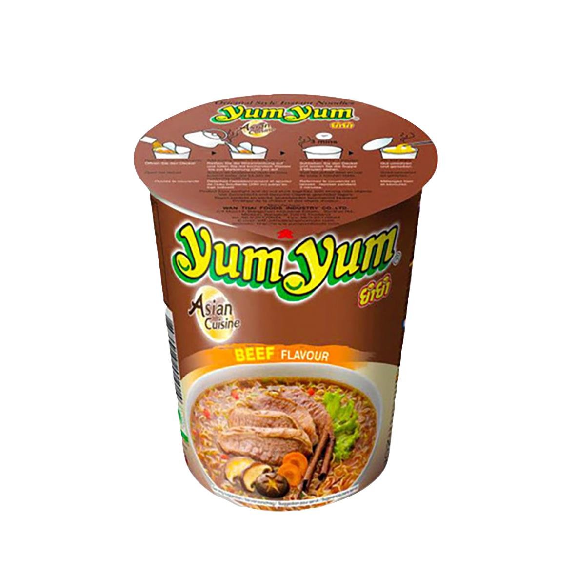 Snabbnudlar Yum Yum Biff 70g med bild av nudlar och biff på förpackningen