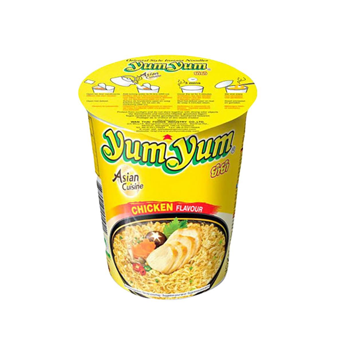 Snabbnudlar Yum Yum Kyckling 70g i gul förpackning med bild av kyckling och nudlar