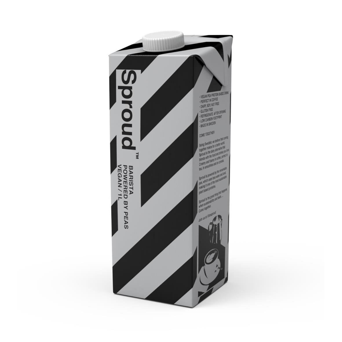 Ärtdryck Sproud Barista 1L i svartvitt förpackning med diagonala ränder och bild av en kaffemaskin