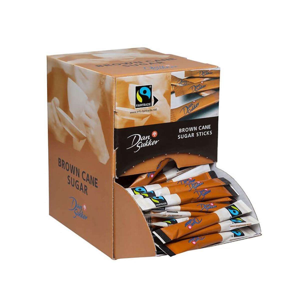 Förpackning med 4g Dansukker bruna sockersticks i en öppen box