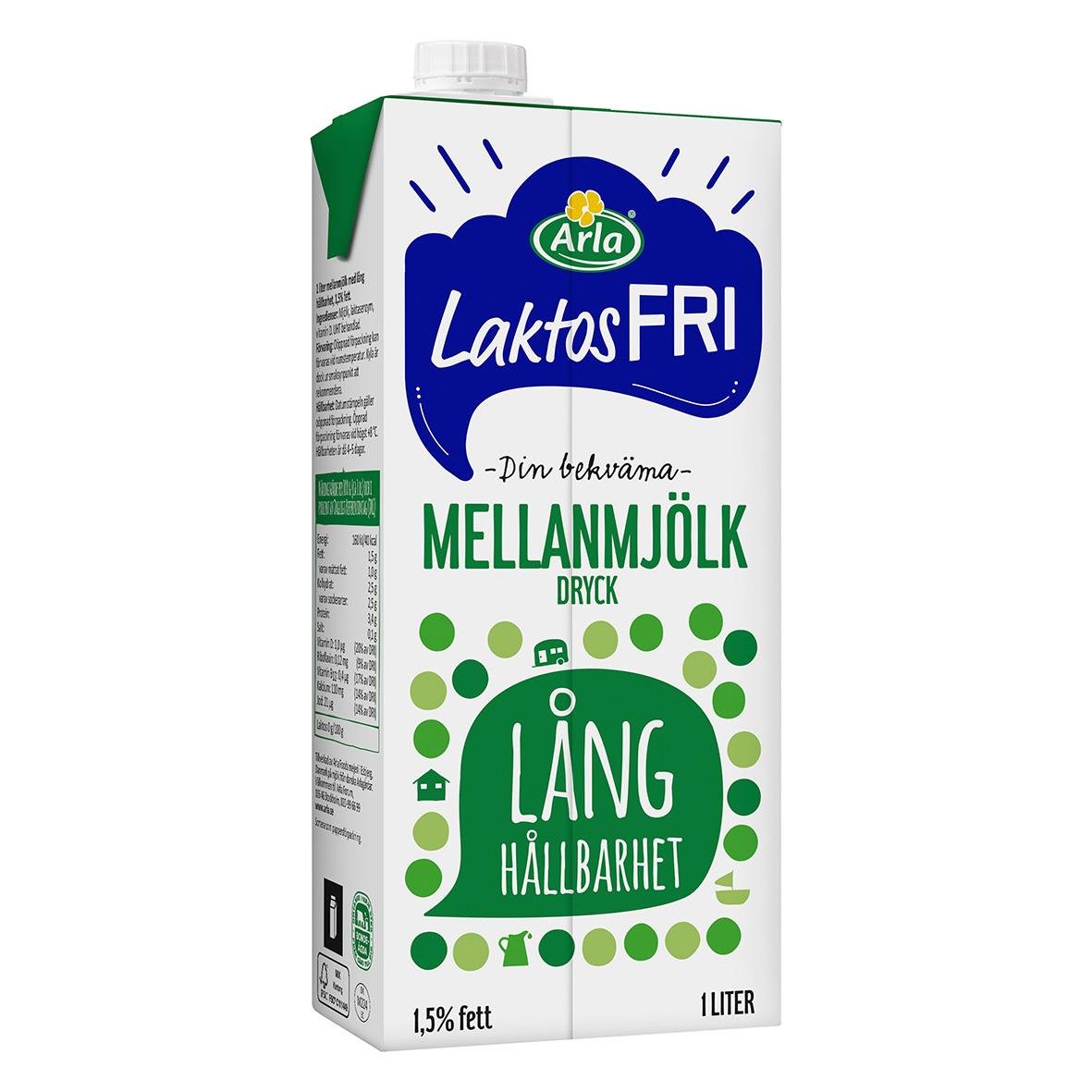 Arla Laktosfri mellanmjölk i 1-liters förpackning med lång hållbarhet