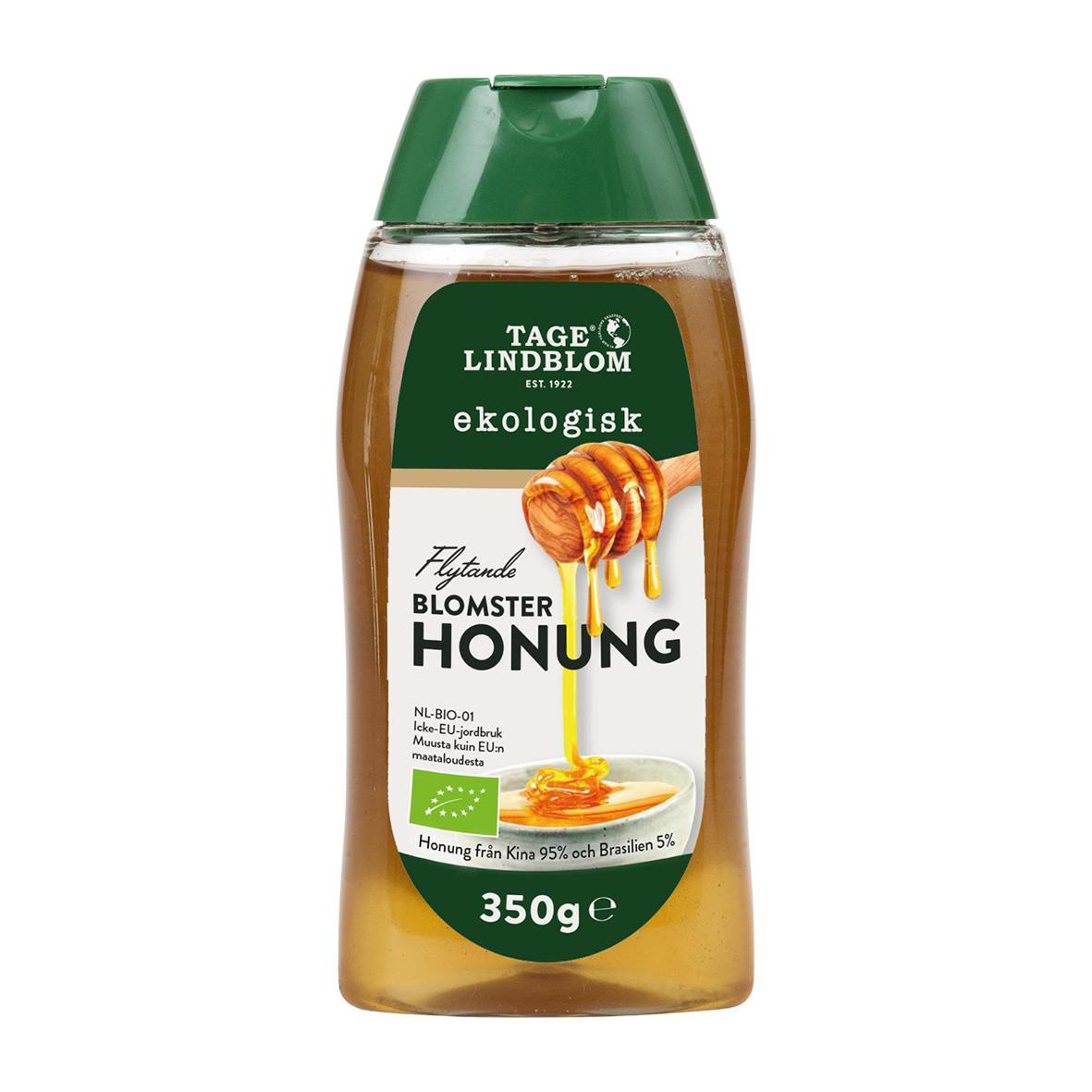 Flytande ekologisk honung från Lindblom i 350g flaska