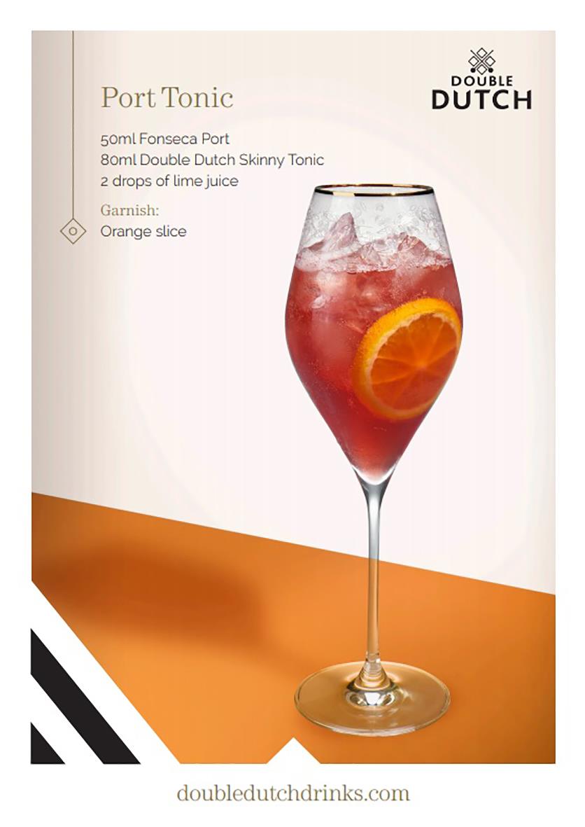 Bild på en glasdrink med is och en skiva apelsin, serverad i ett vinglas, med text om Mixers Double Dutch Tonic Skinny 20cl