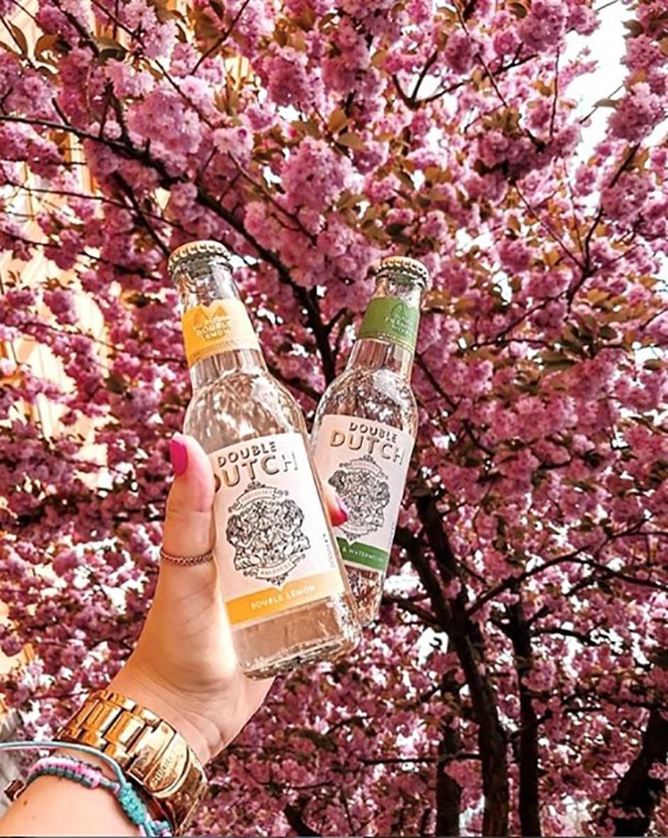 Två Double Dutch tonic-flaskor, en med citron, hålls upp framför blommande körsbärsträd
