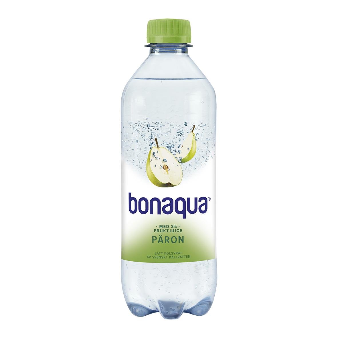 Kolsyrat päronvatten Bonaqua i PET-flaska med grönt lock och etikett