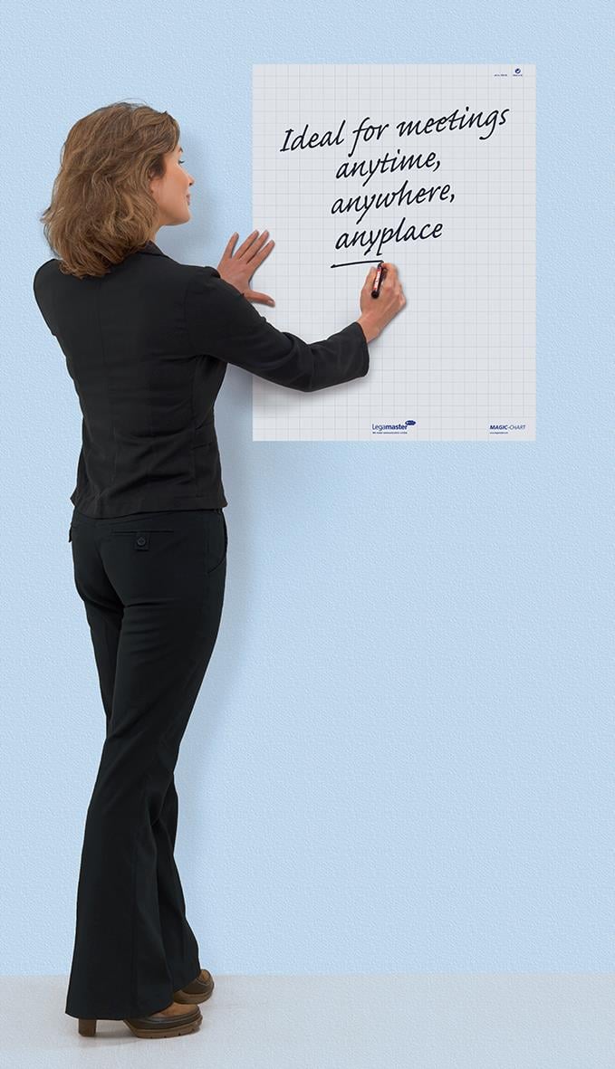 Kvinna skriver på en vit, rutad whiteboardvägg för möten, 600x800mm
