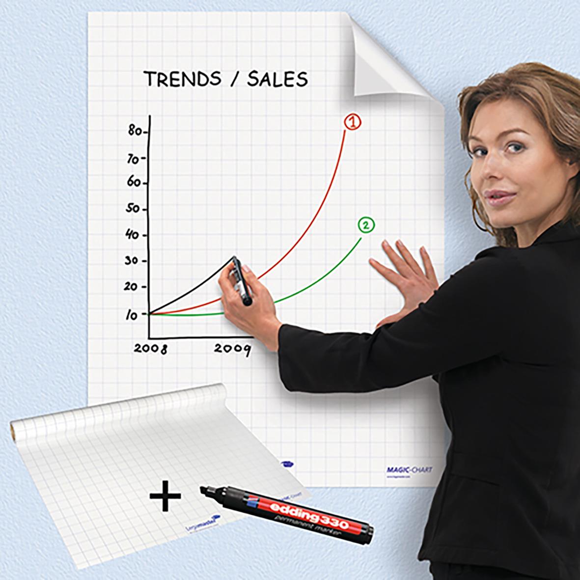 Kvinna skriver på en whiteboard med graf, statisk rutad vit skrivfilm 600x800mm