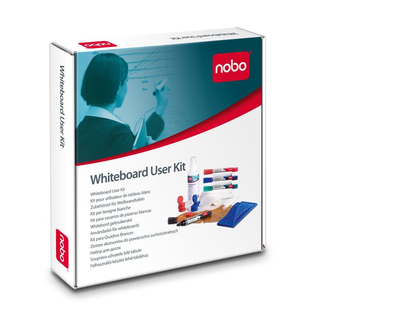 Förpackning av Nobo Whiteboard Startkit medium med whiteboard, pennor och tillbehör