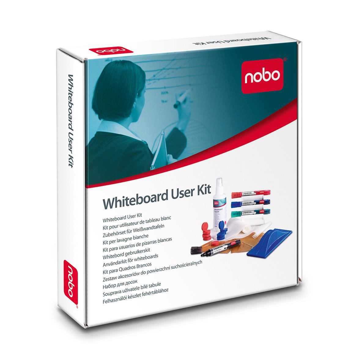 Förpackning av Nobo Whiteboard Startkit medium med whiteboard, pennor och tillbehör