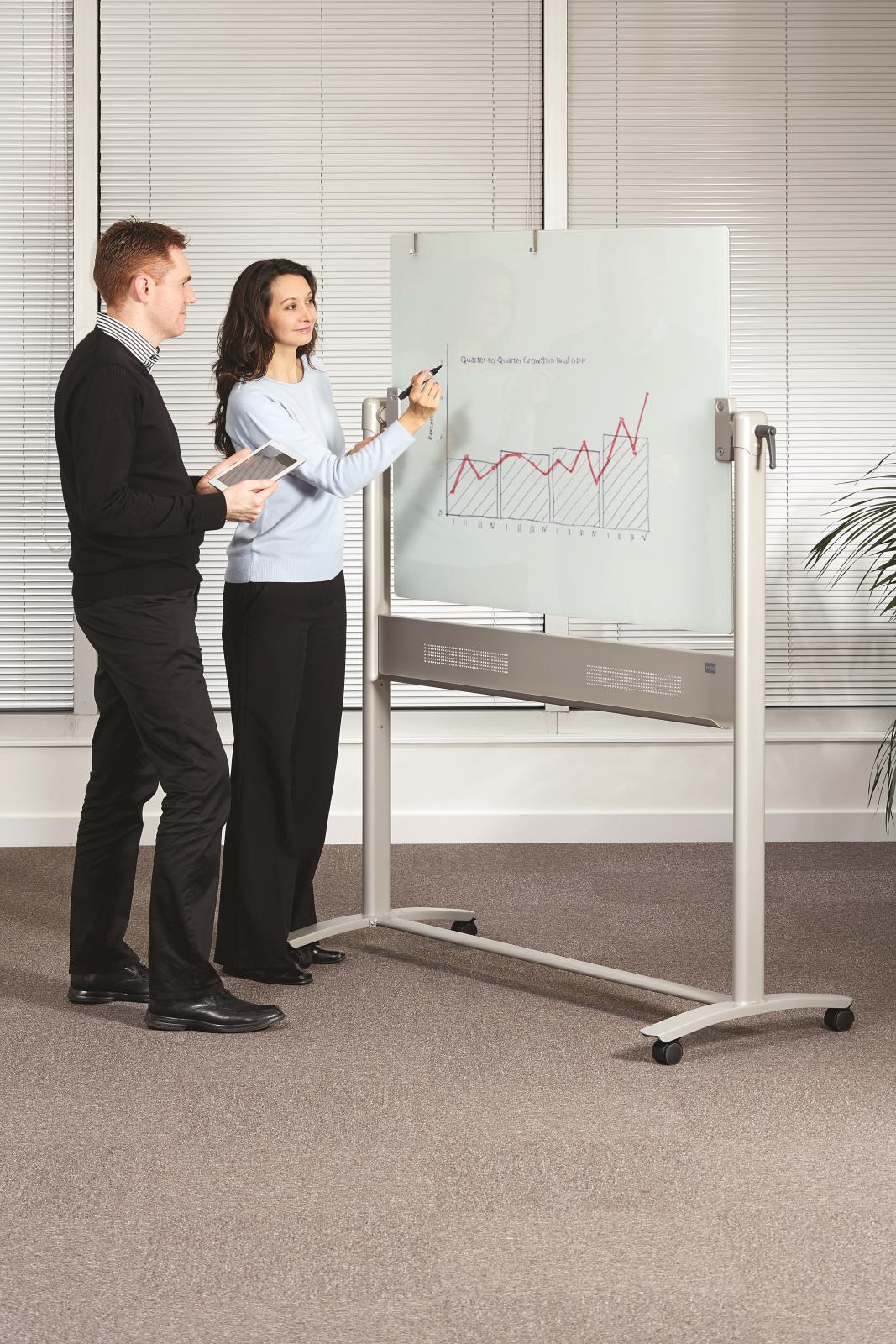 Två personer använder en magnetisk whiteboard med diagram i ett kontorsrum