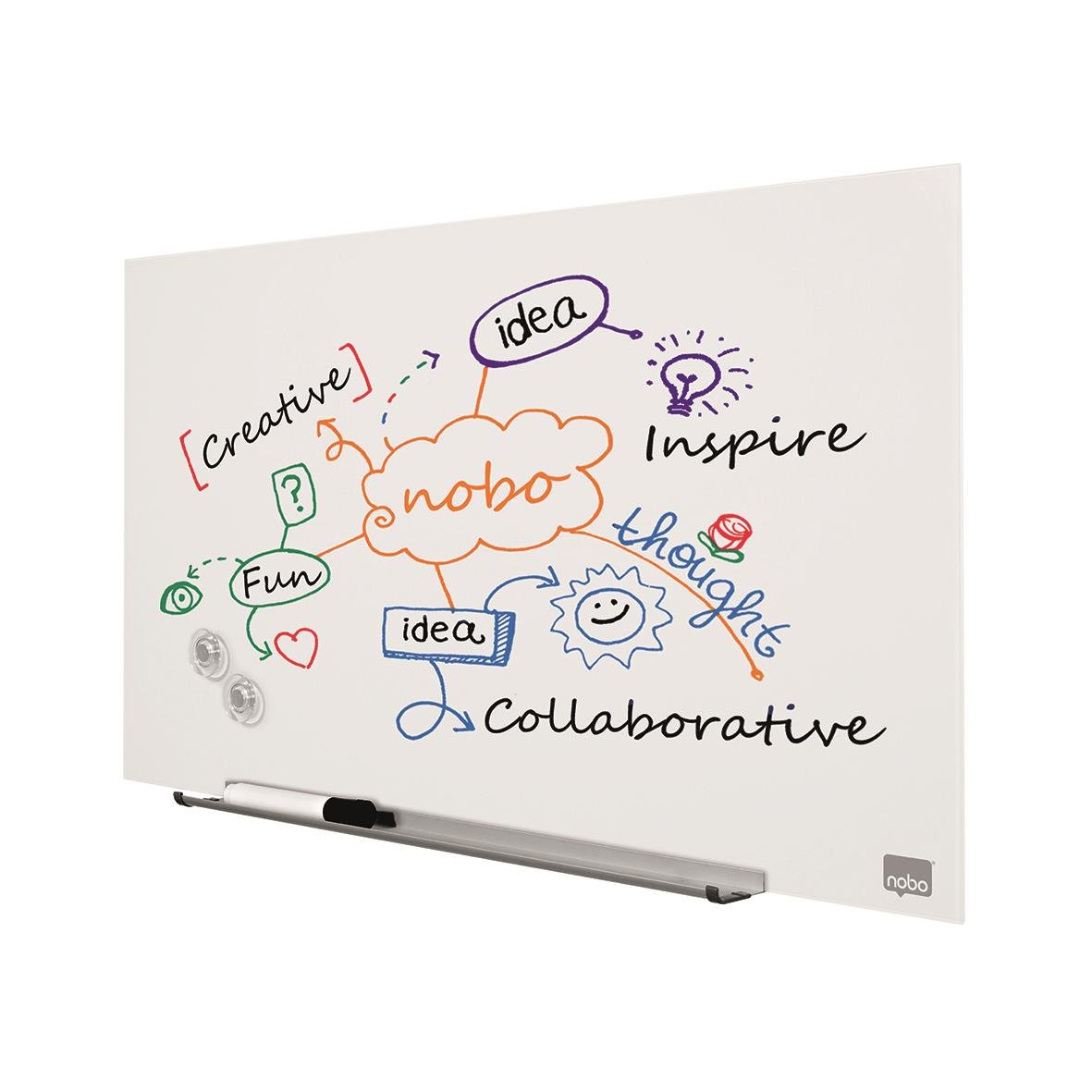 Glastavla Nobo Impression Pro 31 tum vit med handskrivna ord och illustrationer
