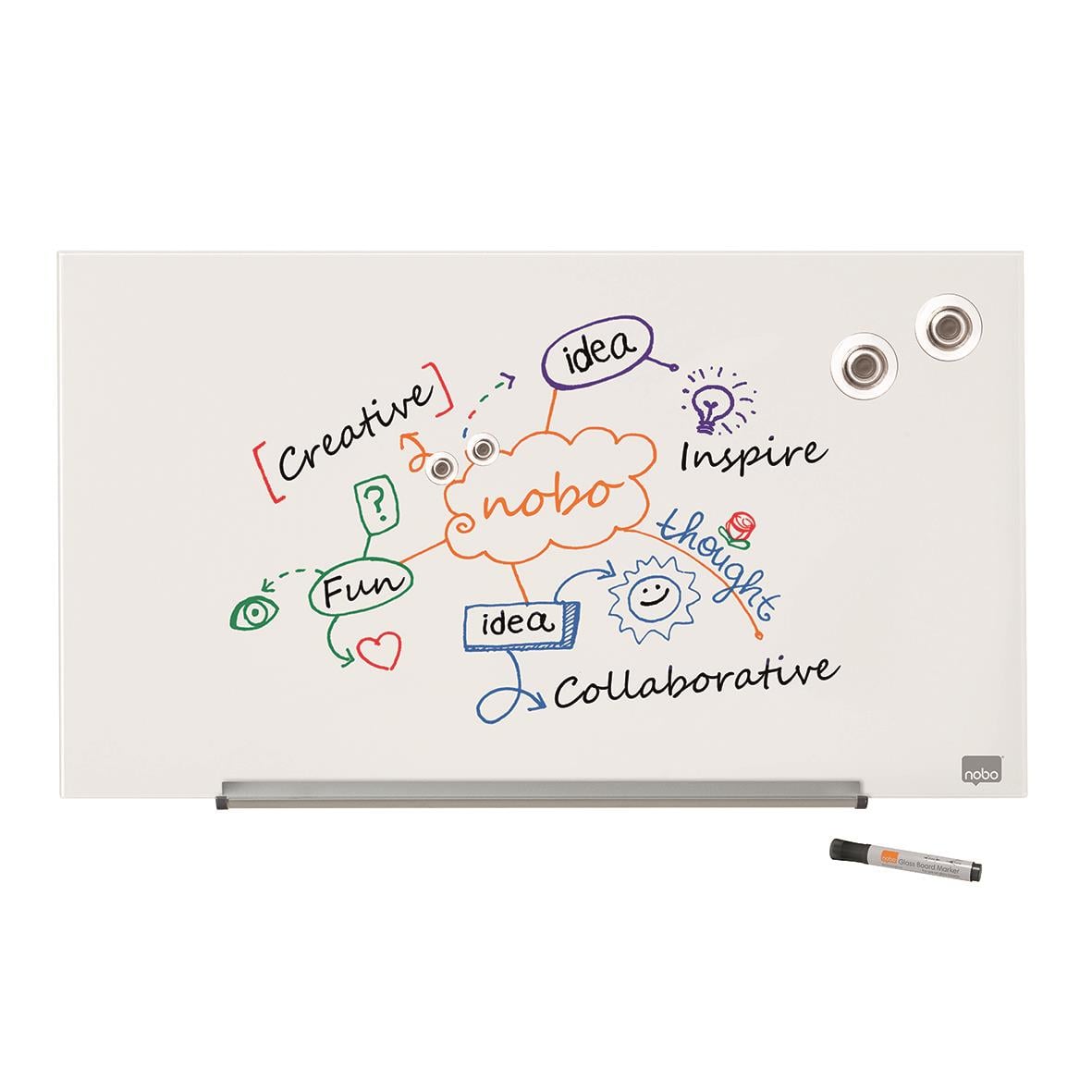 Glastavla Nobo Impression Pro 31 tum vit med kreativa och inspirerande ord och teckningar