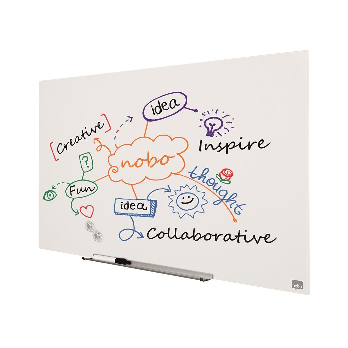 Glastavla Nobo Impression Pro 45 tum vit med måtten 993x559mm med olika ord och teckningar