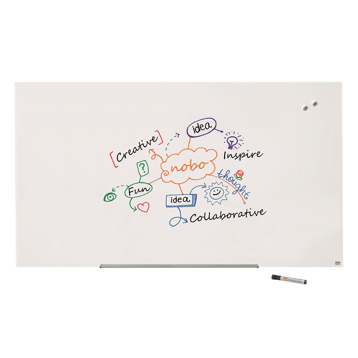Glastavla Nobo Impression Pro 85 tum vit med handskrivna ord och teckningar i olika färger
