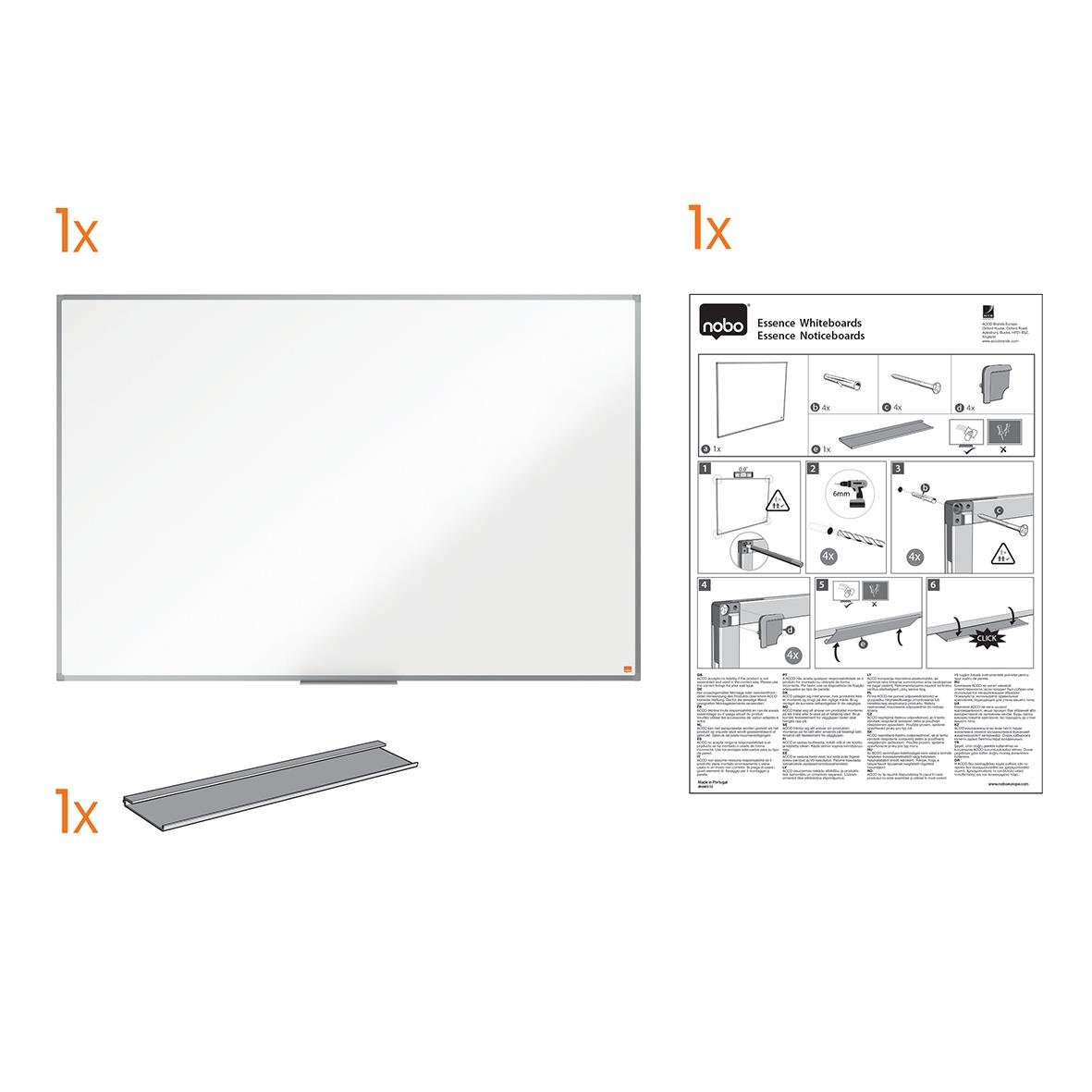 Vitwhiteboardtavla Nobo Essence Lackad Stål 600x450mm med tillbehör och instruktioner
