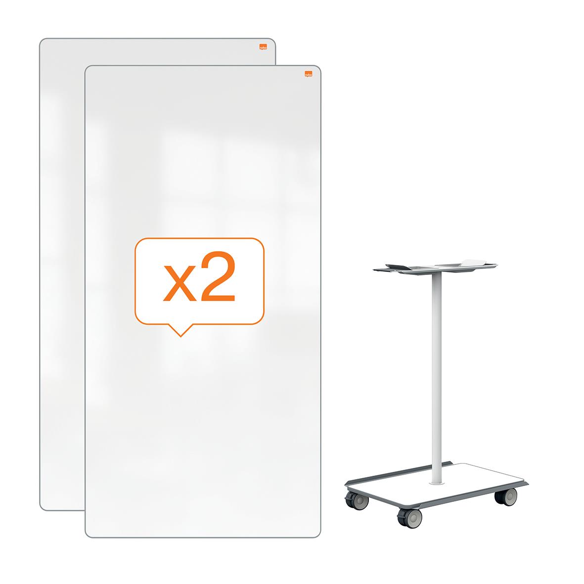 Två vita whiteboardtavlor Nobo Move & Meet 1800x900mm med tillhörande rullbord
