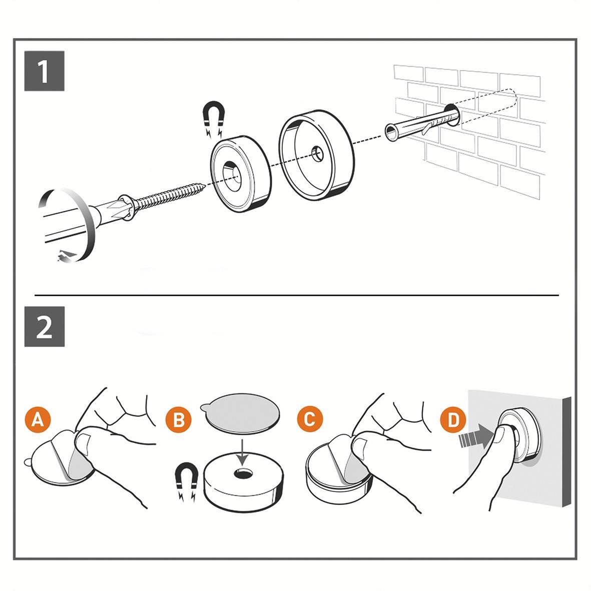 Instruktionsbild för montering av whiteboard Nobo utan ram, visar skruv, väggfäste och hand som monterar