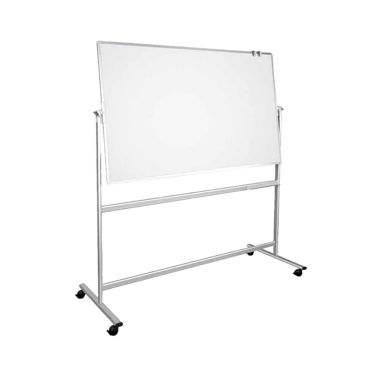 Vitt whiteboard på hjul med metallram och stöd för att skriva och visa information