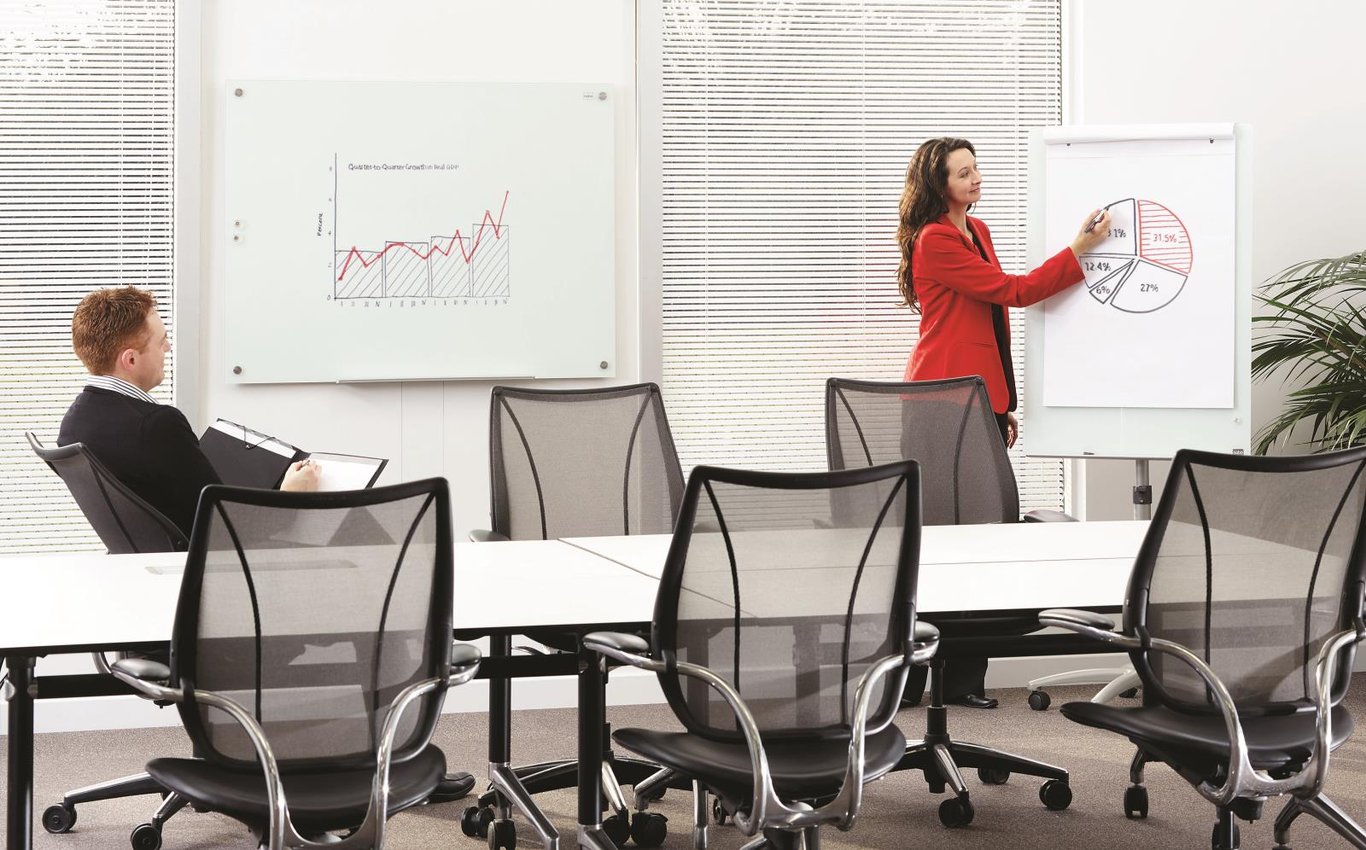 Kvinna presenterar en diagram på blädderblocksställ med magnetiskt glas i ett konferensrum