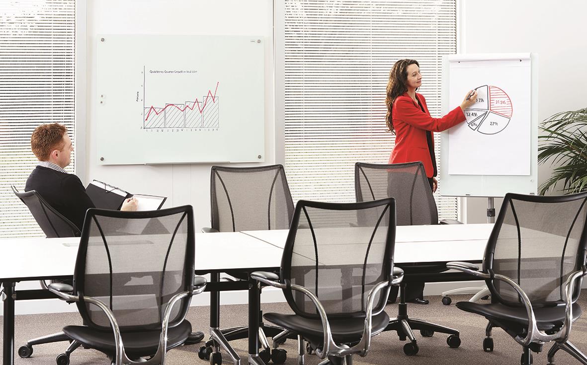 Kvinna presenterar en diagram på blädderblocksställ med magnetiskt glas i ett konferensrum