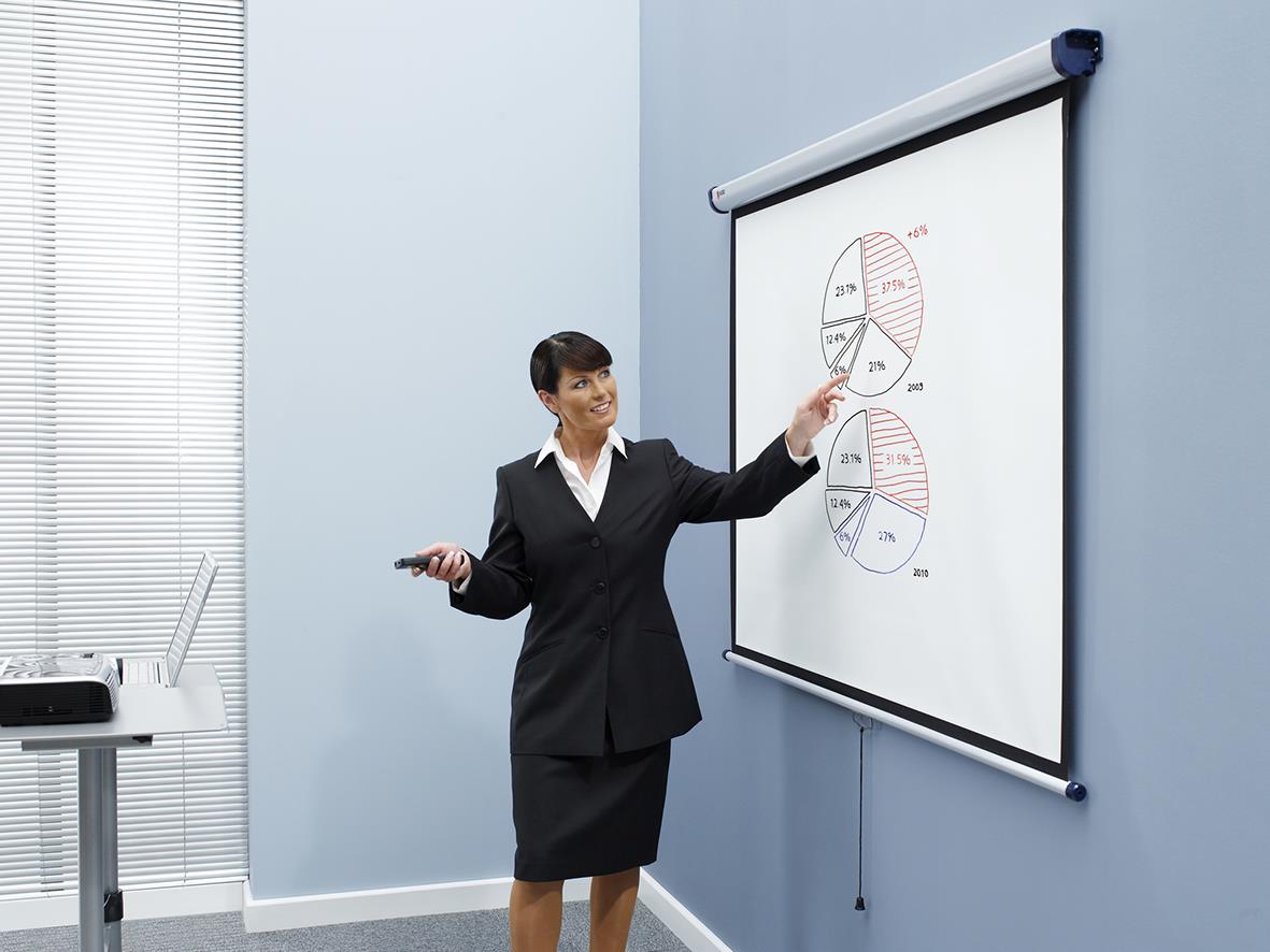 Kvinna i svart kostym som presenterar diagram på projektorduk i konferensrum