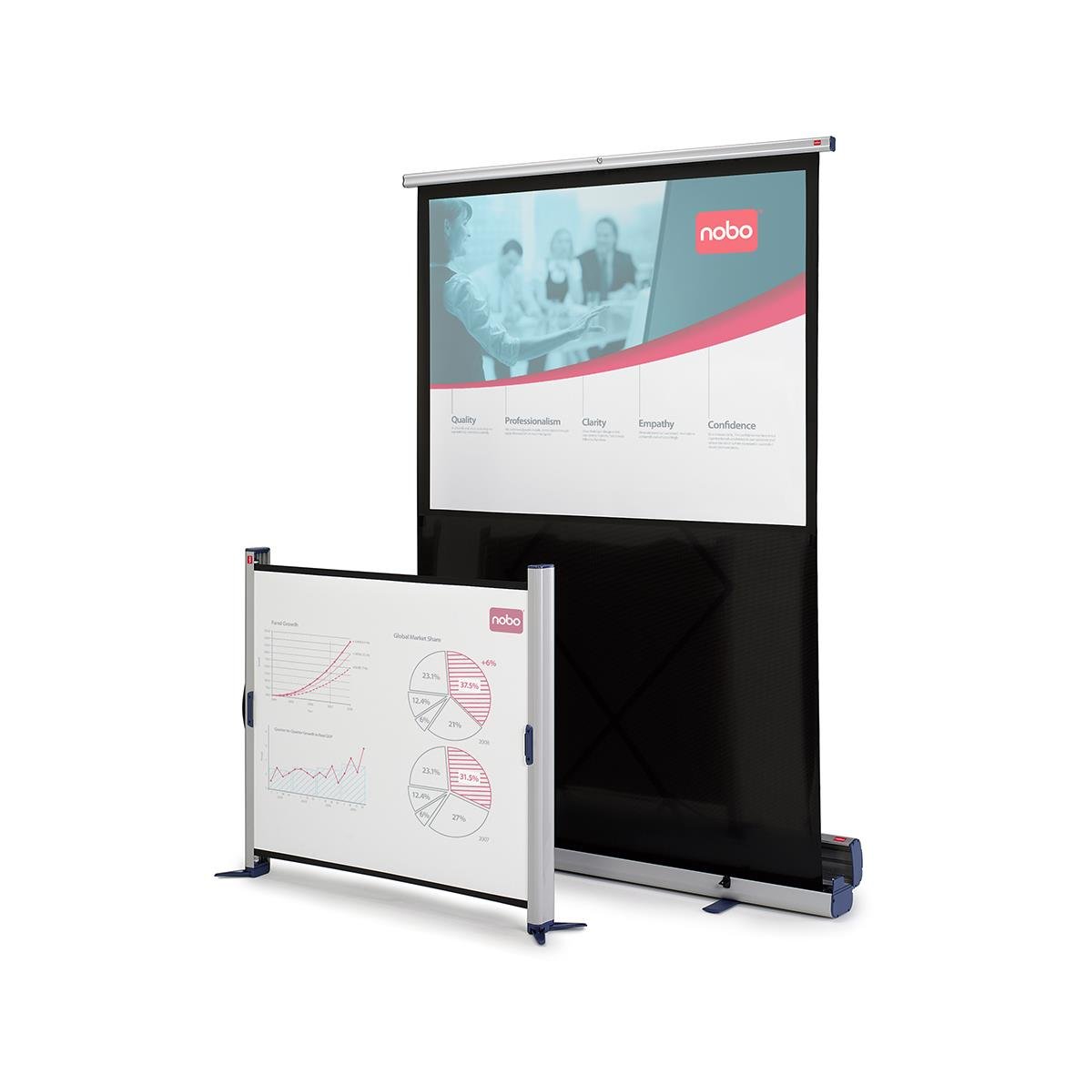 Bärbar projektorduk Nobo, golvmodell 1620x1220mm, med rullande stativ och avtagbar whiteboard