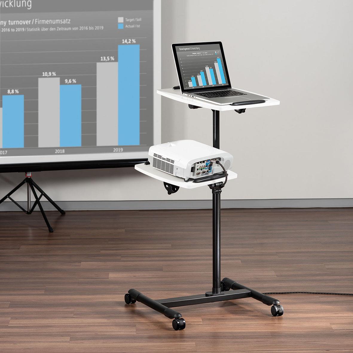 Projektorbord Hama med laptop och projektor på justerbar stång framför presentation