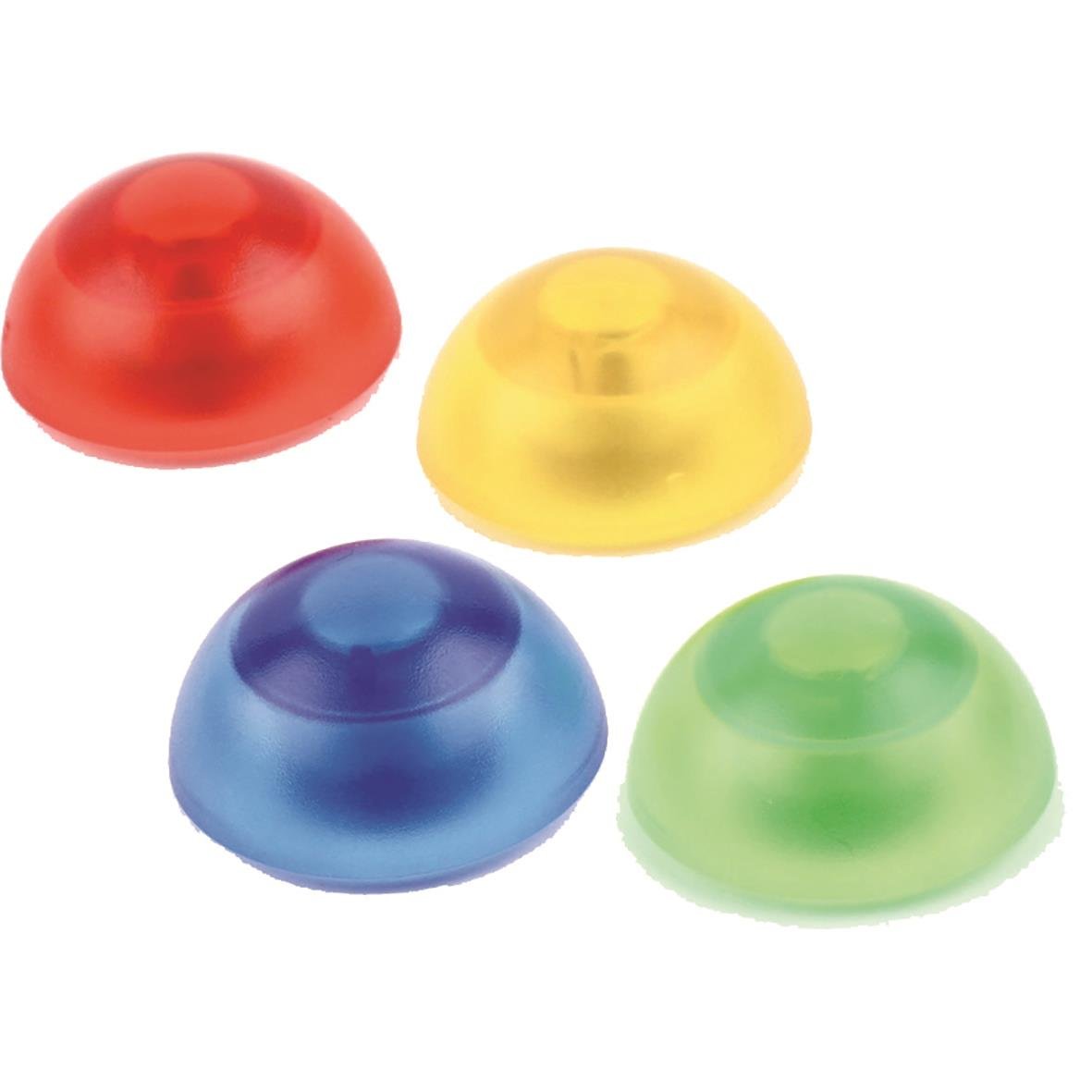 Fyra färgglada magnetbunkrar i rött, gult, blått och grönt