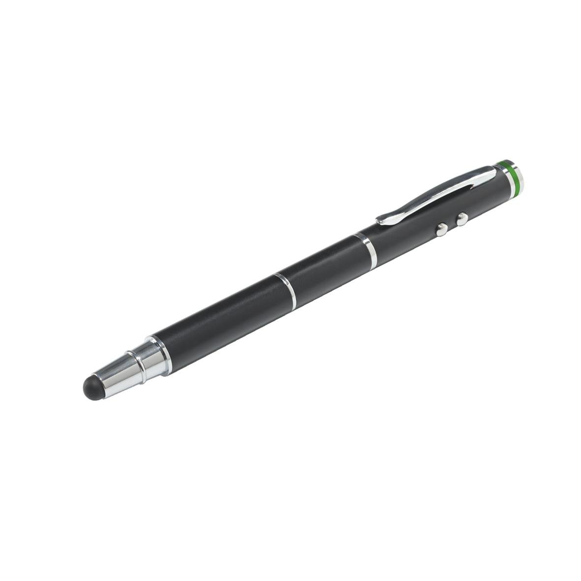 Svart 4-i-1 laserpekare penna med klickfunktion och grönt ljus