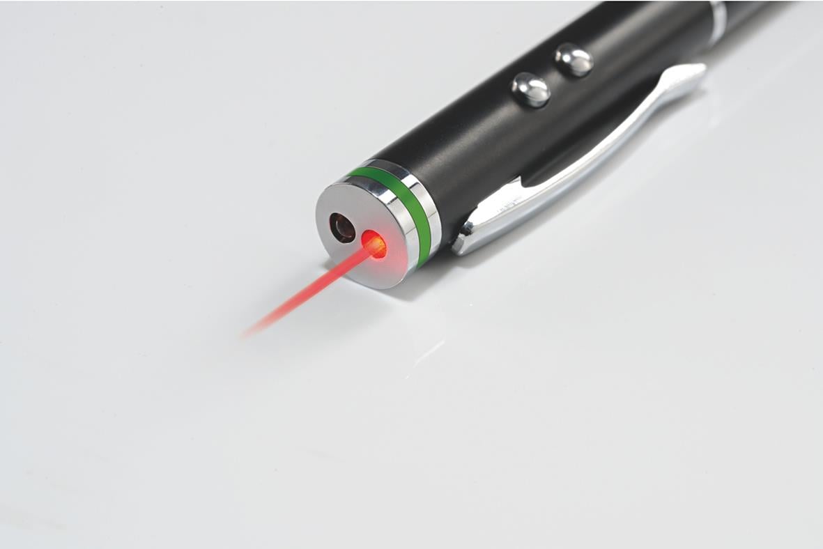 Svart 4-i-1 laserpekare penna med röd laserstråle och knappar