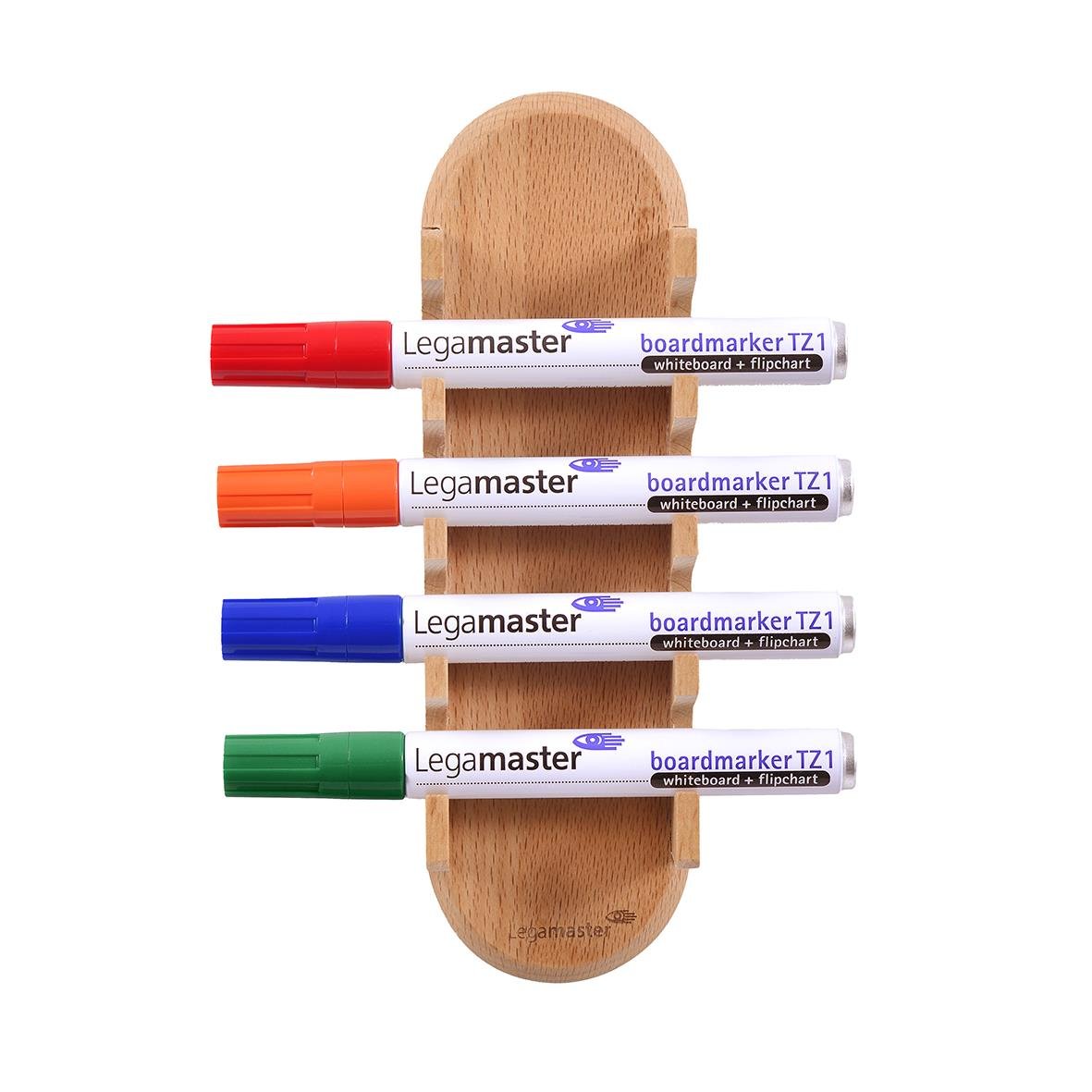 Pennhållare för glastavla med fyra färgade pennor och en trähållare