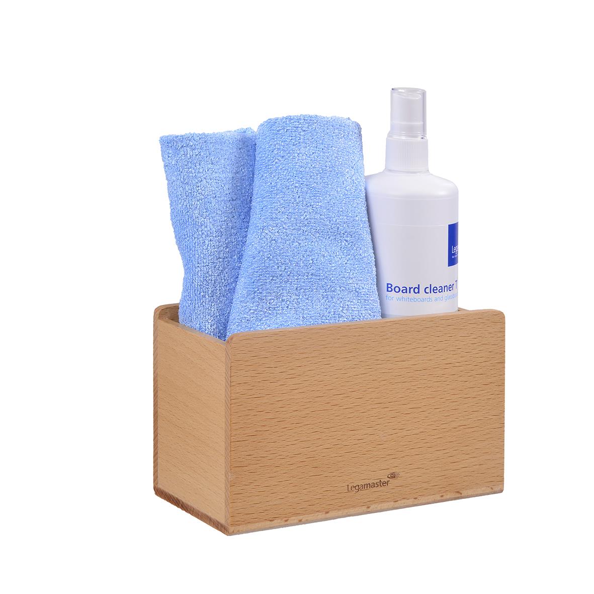 Tillbehörsbox för Glastavla Legamaster med blå svampar och rengöringsspray