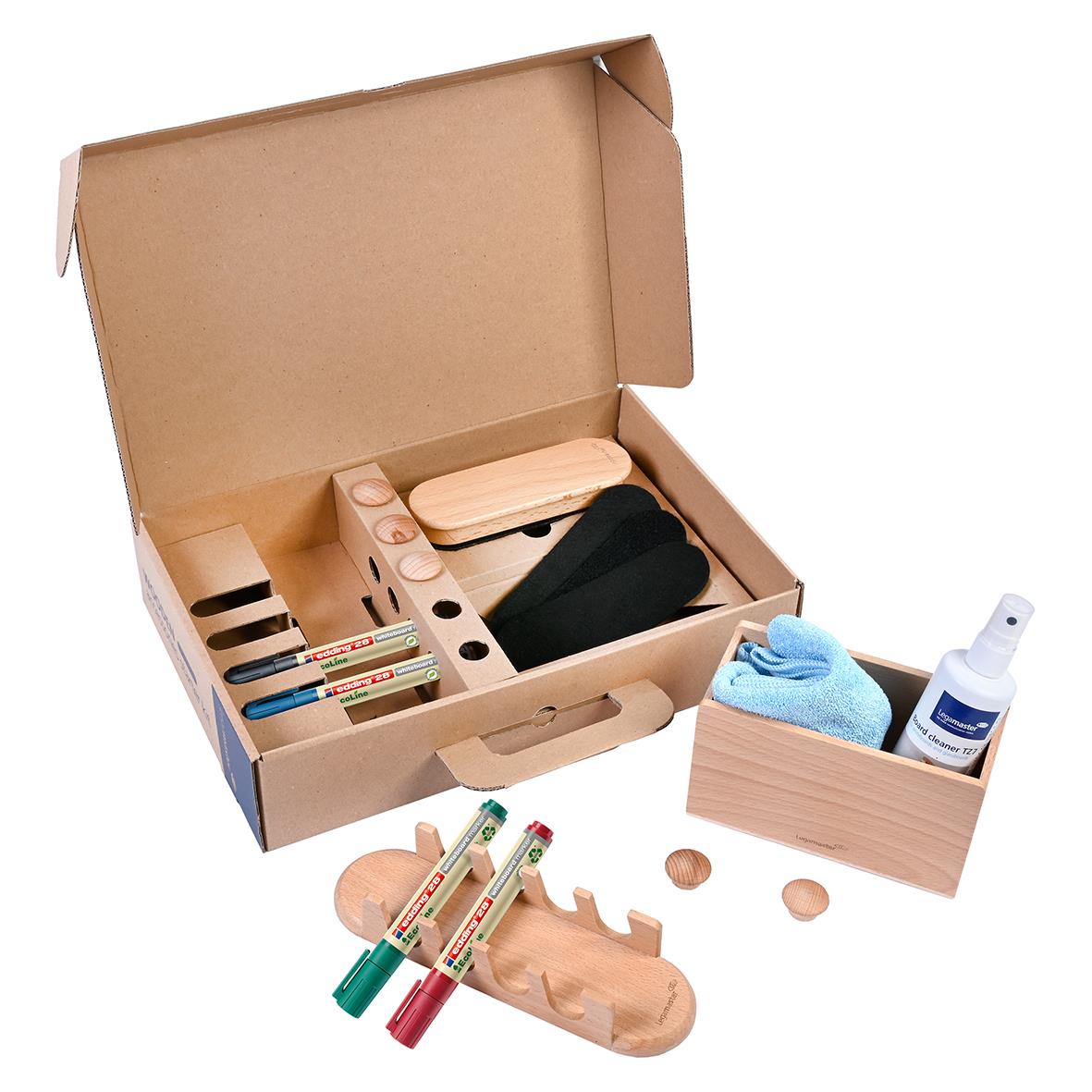 Whiteboardkit Legamaster i träförpackning med pennor, sudd, rengöringsmedel och tillbehör