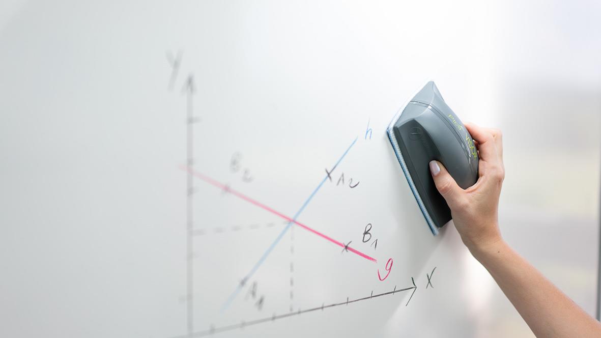 Person använder en tavelrengöringsskrapa på en whiteboard med diagram