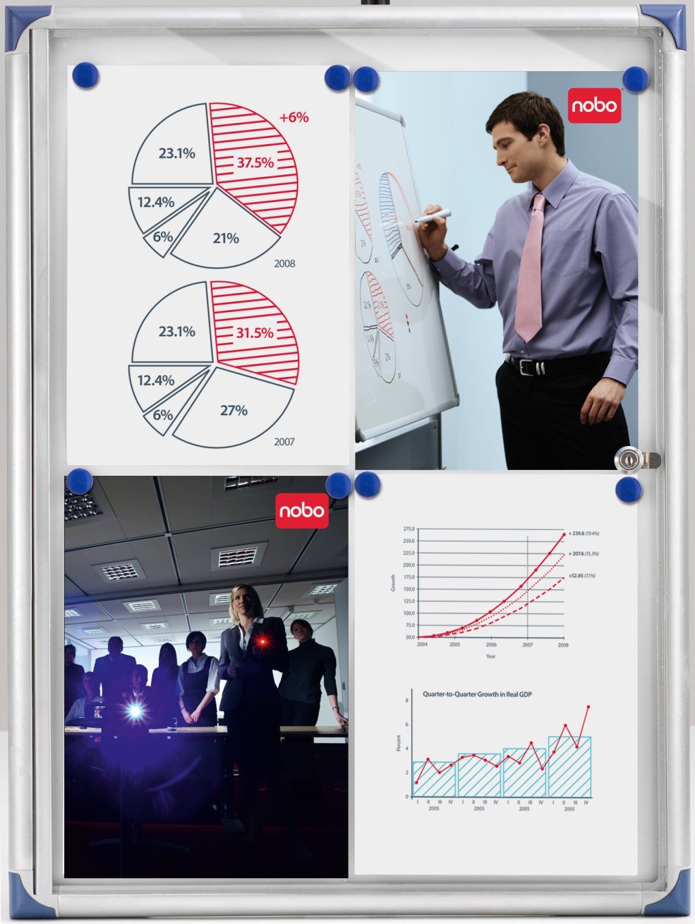 Tunn inomhus displayskåp Nobo för 2xA4 med whiteboard och diagram