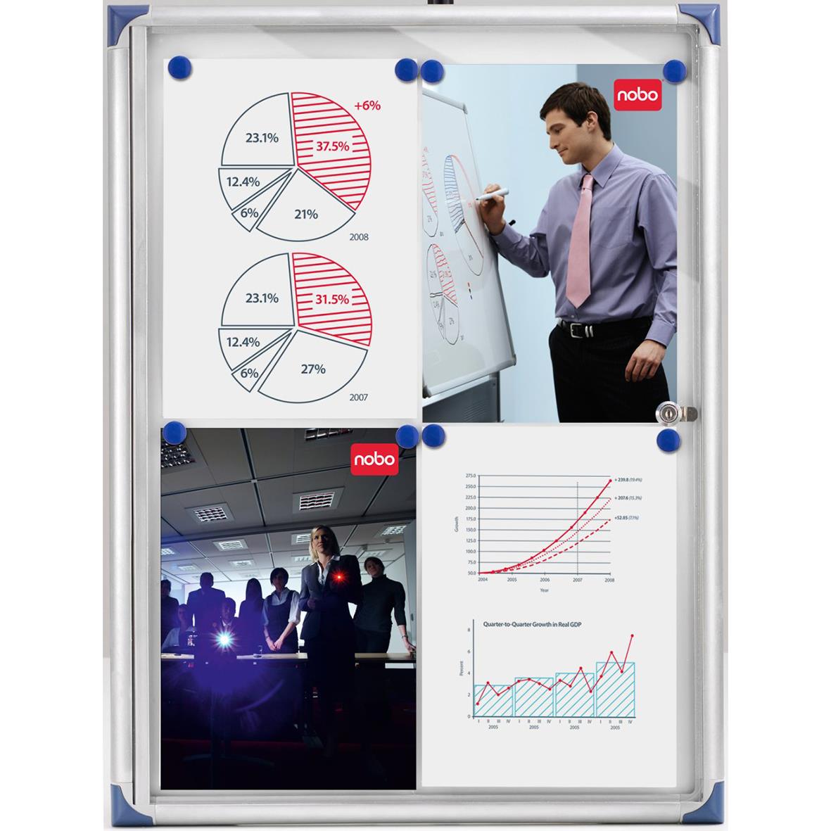 Tunn inomhus displayskåp Nobo för 2xA4 med whiteboard och diagram