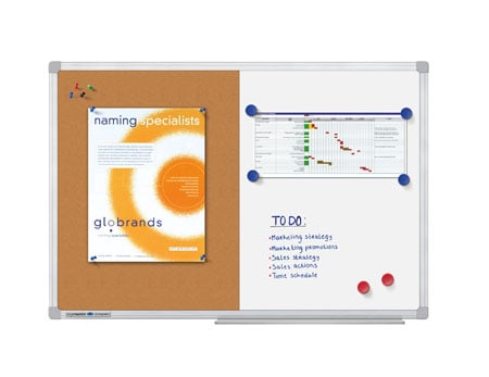 Vit/kork anslagstavla med whiteboard och magneter, 90x60cm