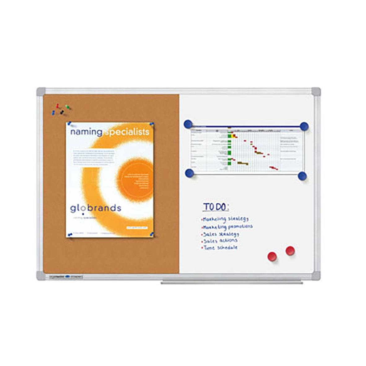 Vit/kork anslagstavla med whiteboard och magneter, 90x60cm