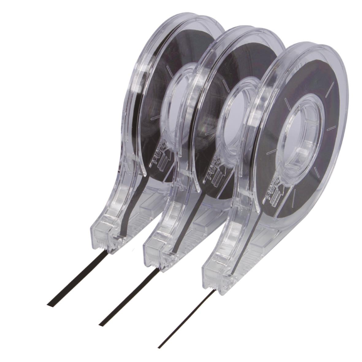 Svart uppdelningsband 2mm x 13m i genomskinlig plastbehållare