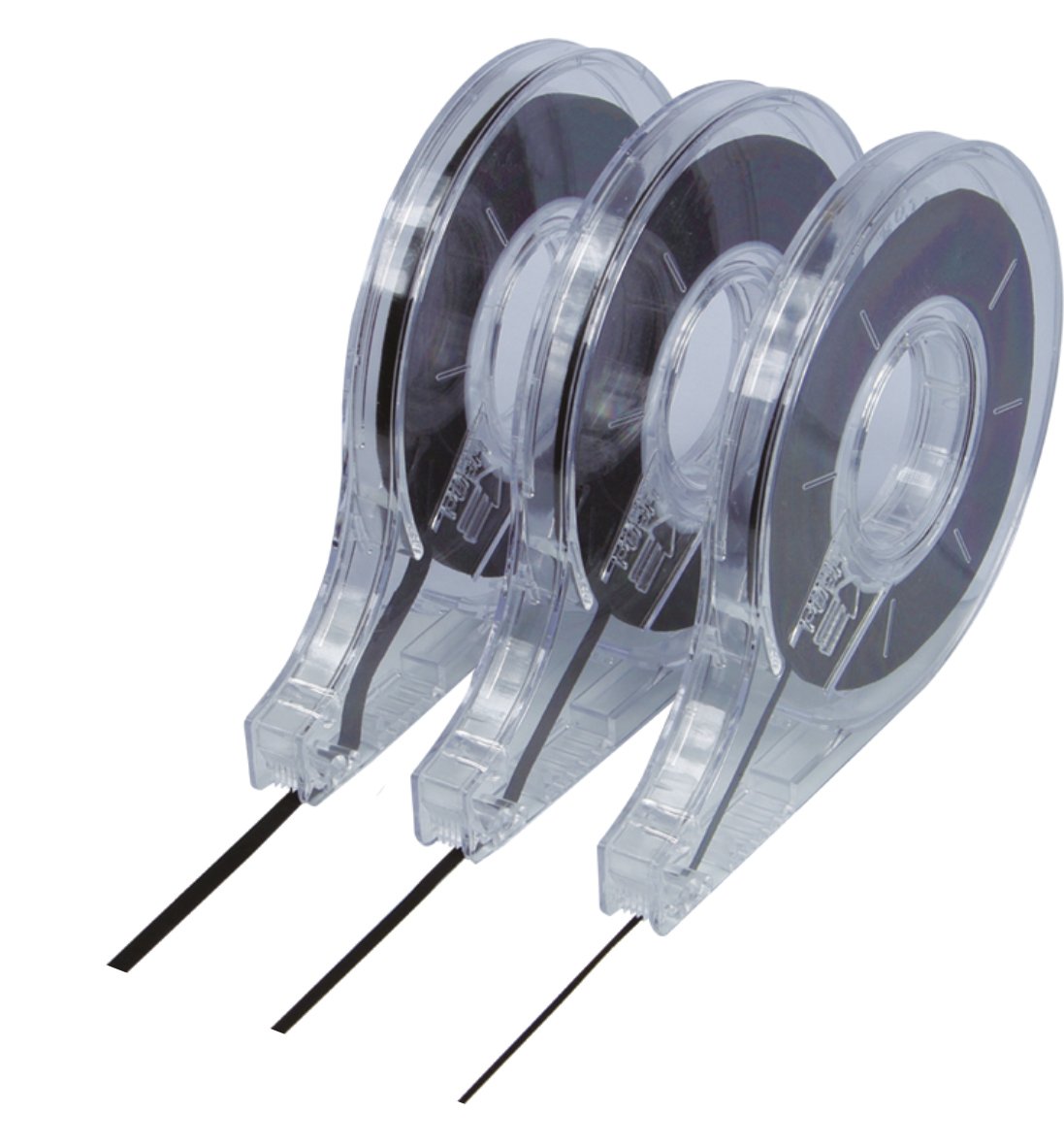 Svart uppdelningsband 3mm x 13m i genomskinlig plastbehållare