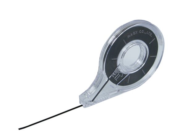 Svart uppdelningsband 1mm x 13m i genomskinlig plastbehållare