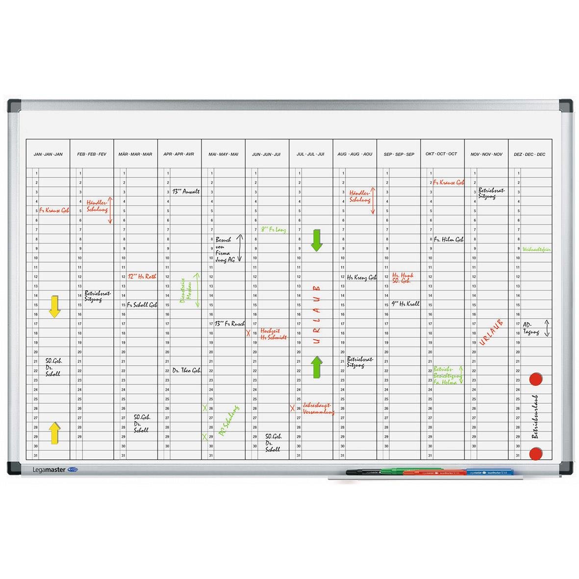 Planeringstavla Legamaster Årsplan 60x90cm med schemaläggning och färgkodade markeringar