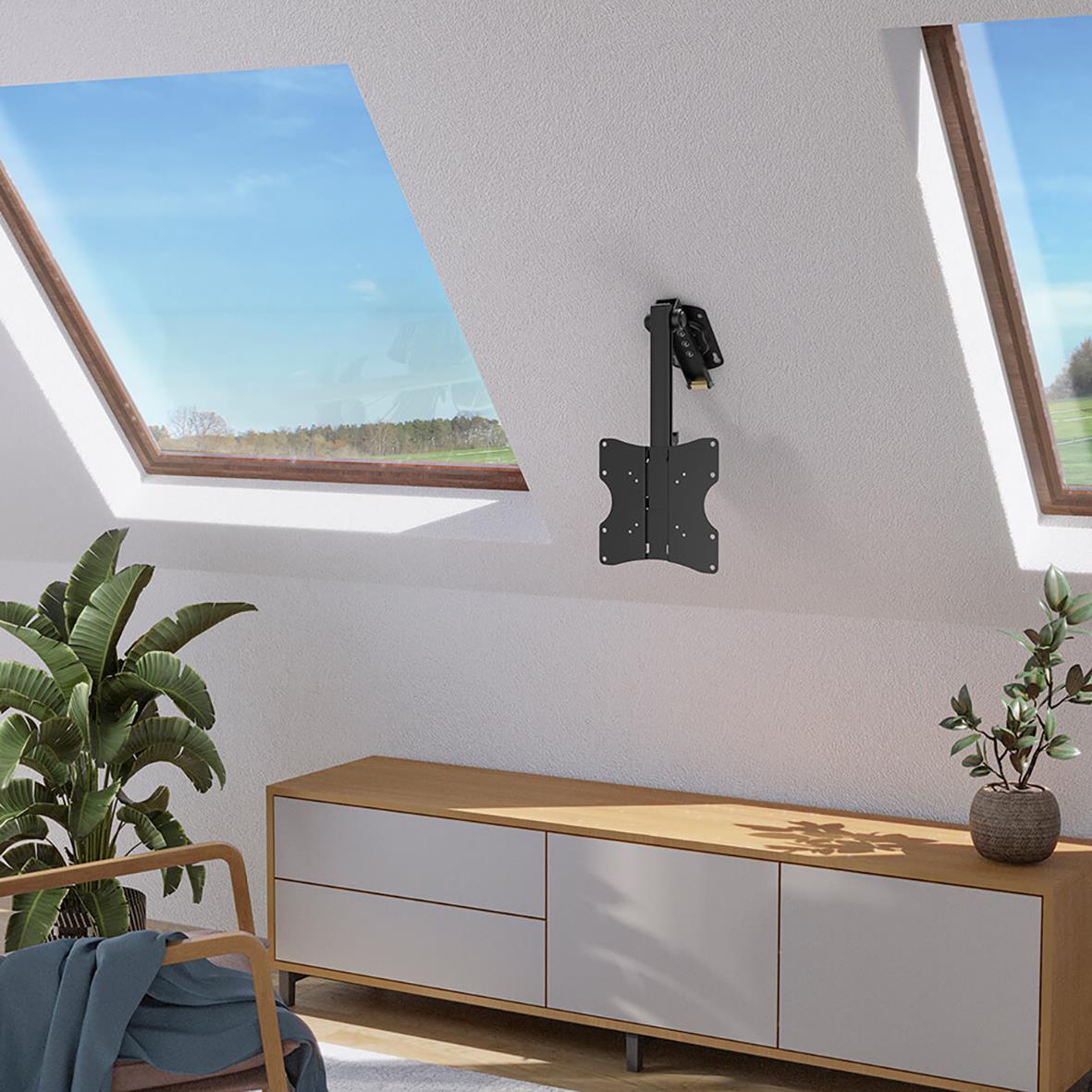 Takfäste Hama Vesa för skärmar upp till 200x200mm, monteras på taket i ett rum med fönster och växter