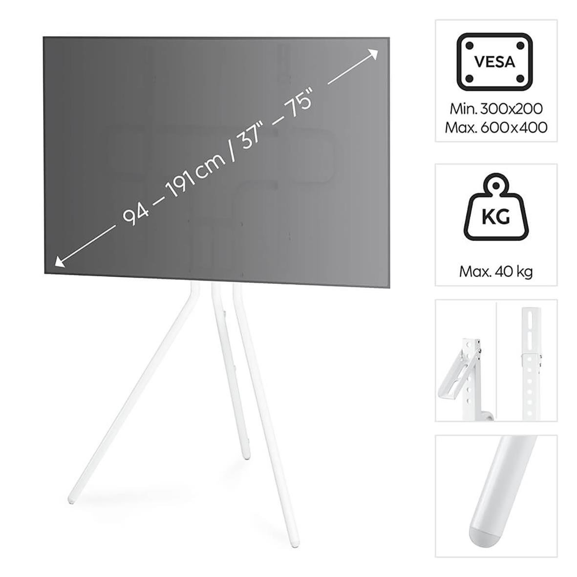 Vit TV-stativ för golv, passar upp till 75 tum, justerbar storlek 94-191 cm, max belastning 40 kg, VESA-kompatibel