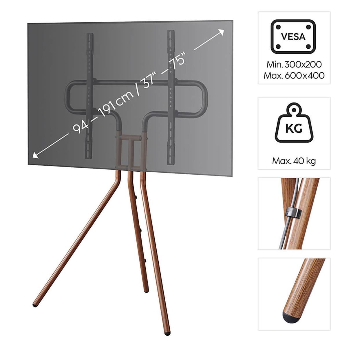 TV-stativ för golv, design i valnötslook, passar TV upp till 75 tum, maxvikt 40 kg, justerbar höjd 94-191 cm, VESA-kompatibel
