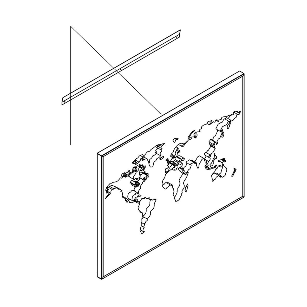 Skiss av en väggkarta med ram och monteringsdetaljer för en 1600mm galvad ram