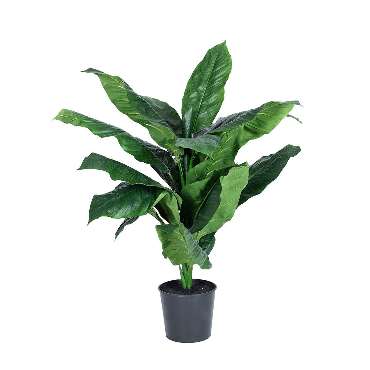 Konstgjord växt Fredskalla i svart kruka med stora gröna blad